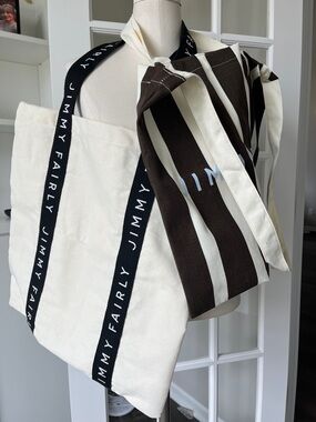 SET OF 2 Jimmy Fairly Ivory Brown Black Canvas Tote Bag with Black Logo Straps